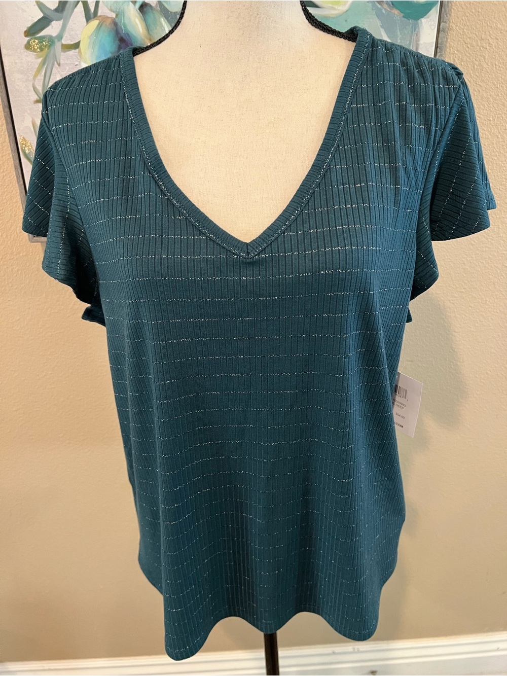 89th & Madison Teal V-Neck Short Sleeve Top with Metallic Pinstripes